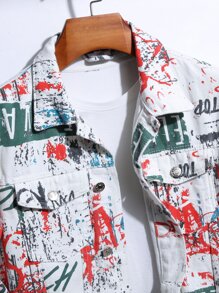 Manfinity Roghcode Men Random Splatter Paint Letter Graphic Flap Pocket Denim Jacket Without Tee, Colorful Party Grunge Rapper Denim Jacket