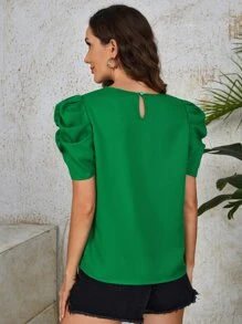 SHEIN Clasi Áo sơ mi nữ Tương phản ren màu trơn Thanh lịch - màu xanh lá - Xem 3