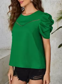 SHEIN Clasi Áo sơ mi nữ Tương phản ren màu trơn Thanh lịch - màu xanh lá - Xem 6