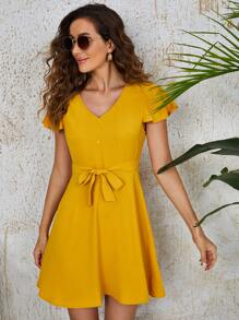 SHEIN Buttoned Front Self Belted Dress - Yellow - View 1