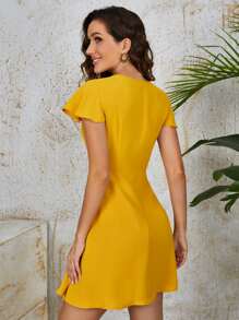 SHEIN Buttoned Front Self Belted Dress - Yellow - View 2