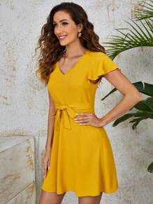 SHEIN Buttoned Front Self Belted Dress - Yellow - View 4