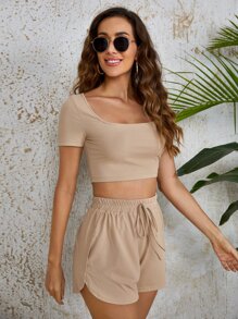 SHEIN Bộ đồ hai mảnh nữ Thắt nút Gân đan màu trơn Giải trí - Màu Khaki - Xem 5
