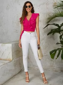 SHEIN VCAY Top ribete con fruncido con cordón lateral - Rosa Fucsia - Ver 5
