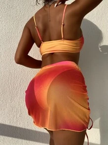 SHEIN Swim Summer Beach 3 件裝漸層色環連比基尼和沙灘裙 - 橘色 - 查看 2