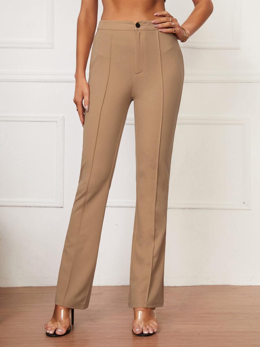 SHEIN Tall 高腰按折痕長褲 - 卡其色 - 查看 1