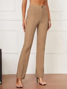 SHEIN Tall 高腰按折痕長褲 - 卡其色 - 查看 3