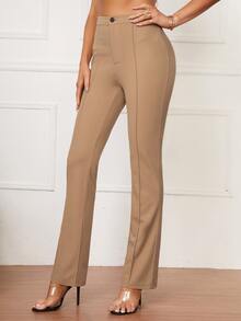 SHEIN Tall 高腰按折痕長褲 - 卡其色 - 查看 5