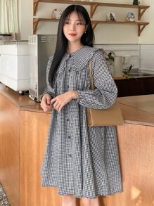 DAZY Gingham Statement Collar Lantern Sleeve Button Through Shirt Dress