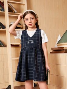 SHEIN 女孩素色上衣和字母和線格連衣裙 - 藍白色 - 查看 3