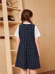 SHEIN 女孩素色上衣和字母和線格連衣裙 - 藍白色 - 查看 2