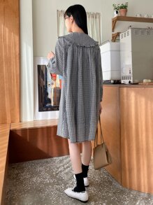 DAZY Gingham Statement Collar Lantern Sleeve Button Through Shirt Dress