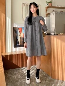 DAZY Gingham Statement Collar Lantern Sleeve Button Through Shirt Dress