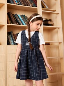 SHEIN 女孩素色上衣和字母和線格連衣裙 - 藍白色 - 查看 4