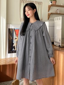 DAZY Gingham Statement Collar Lantern Sleeve Button Through Shirt Dress