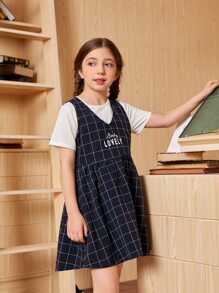 SHEIN 女孩素色上衣和字母和線格連衣裙 - 藍白色 - 查看 1