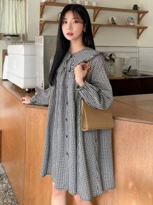 DAZY Gingham Statement Collar Lantern Sleeve Button Through Shirt Dress