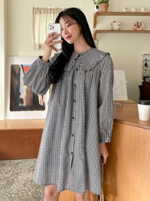 DAZY Gingham Statement Collar Lantern Sleeve Button Through Shirt Dress