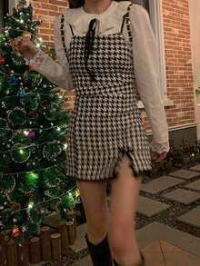 千鳥格蕾絲拼接下擺開叉不帶襯衫吊帶連衣裙 - 黑與白 - 查看 5