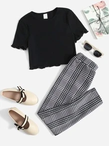 SHEIN Girls Lettuce Trim Top & Plaid Trousers - Multicolor - View 1