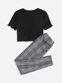 SHEIN Girls Lettuce Trim Top & Plaid Trousers - Multicolor - View 2