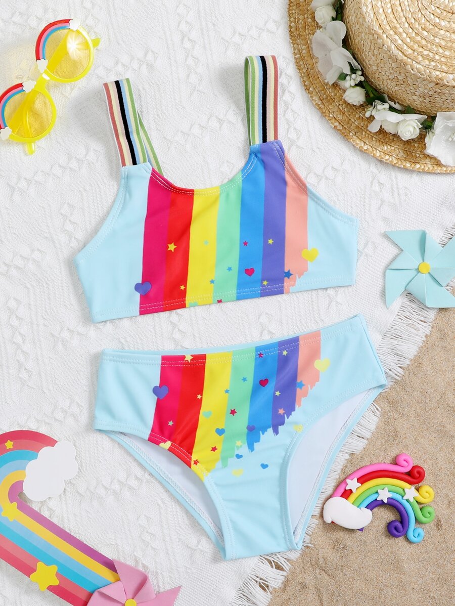 Young Girl Rainbow Striped Bikini Set Summer Beach - Multicolor - View 1