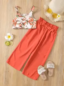 SHEIN 小女童蝴蝶結打褶吊帶上衣和紙袋褲子 - 彩色 - 查看 1