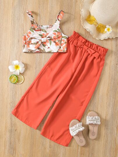 SHEIN 小女童蝴蝶結打褶吊帶上衣和紙袋褲子