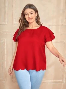 SHEIN Clasi 大碼多層飛袖貝殼邊上衣 - 紅色 - 查看 1