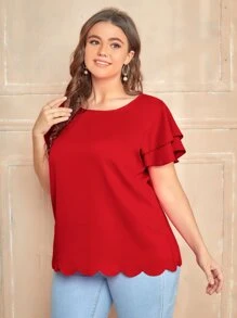 SHEIN Clasi 大碼多層飛袖貝殼邊上衣 - 紅色 - 查看 3