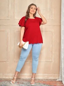 SHEIN Clasi 大碼多層飛袖貝殼邊上衣 - 紅色 - 查看 4