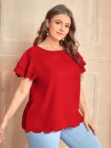 SHEIN Clasi 大碼多層飛袖貝殼邊上衣 - 紅色 - 查看 5