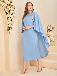 Modelyn 大碼貼花斗篷袖連衣裙 - 淺藍色 - 查看 5