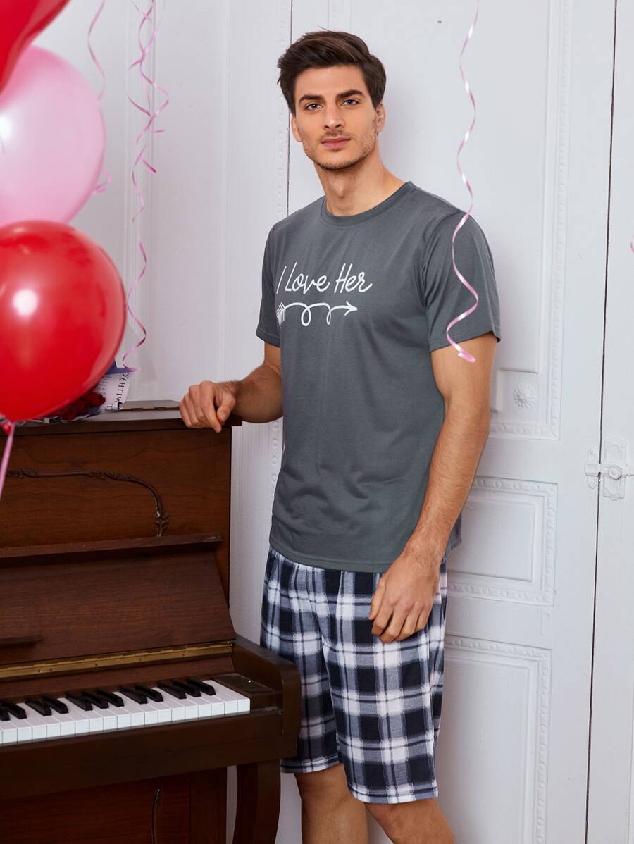 男士1入組標語圖案T恤和1入組格紋印花短褲睡衣套裝 - 深灰色 - 查看 1