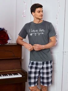 男士1入組標語圖案T恤和1入組格紋印花短褲睡衣套裝 - 深灰色 - 查看 2