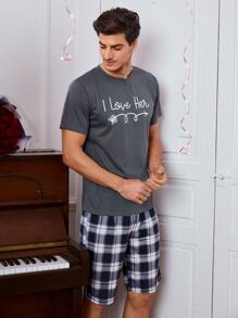 男士1入組標語圖案T恤和1入組格紋印花短褲睡衣套裝 - 深灰色 - 查看 3