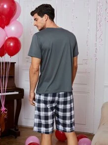 男士1入組標語圖案T恤和1入組格紋印花短褲睡衣套裝 - 深灰色 - 查看 4