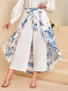 Modelyn 大碼佩斯利印花腰帶闊腿褲附裙子 - 白色 - 查看 2