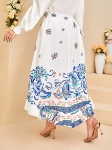 Modelyn 大碼佩斯利印花腰帶闊腿褲附裙子 - 白色 - 查看 3