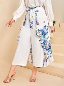 Modelyn 大碼佩斯利印花腰帶闊腿褲附裙子 - 白色 - 查看 1