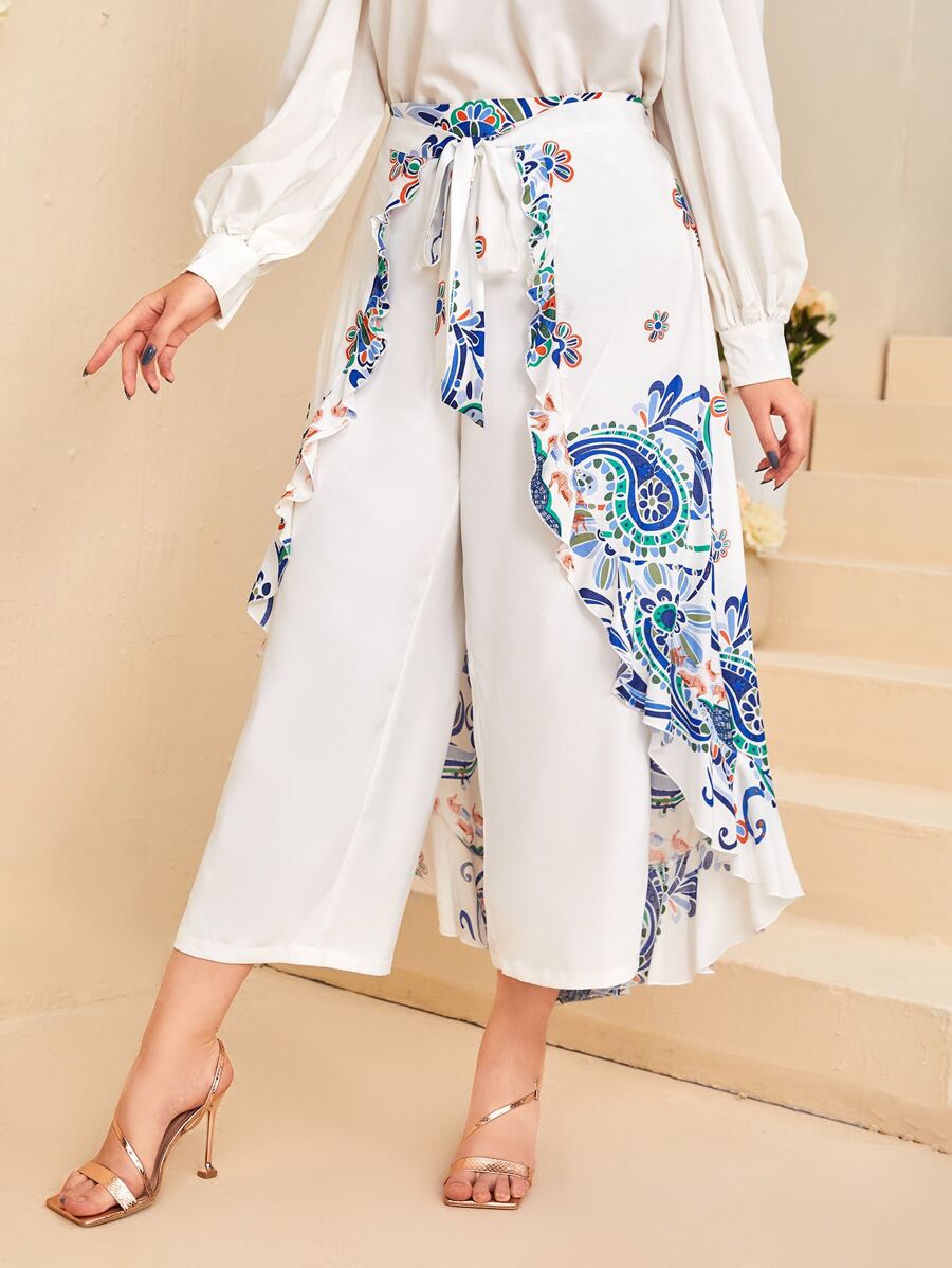 Modelyn 大碼佩斯利印花腰帶闊腿褲附裙子 - 白色 - 查看 1