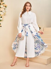 Modelyn 大碼佩斯利印花腰帶闊腿褲附裙子 - 白色 - 查看 5