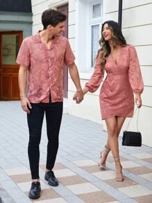 Manfinity Men 1pc Floral Appliques Button Through Shirt - Dusty Pink - View 2