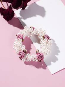 仿珍珠装饰发带马尾辫固定器发带弹性发绳 - 玫紅色 - 查看 1