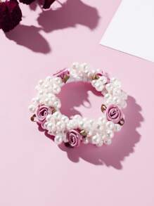 仿珍珠装饰发带马尾辫固定器发带弹性发绳 - 玫紅色 - 查看 2