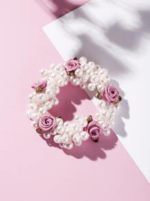 仿珍珠装饰发带马尾辫固定器发带弹性发绳 - 玫紅色 - 查看 3