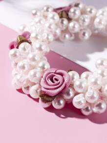 仿珍珠装饰发带马尾辫固定器发带弹性发绳 - 玫紅色 - 查看 4