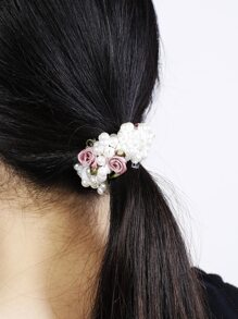 仿珍珠装饰发带马尾辫固定器发带弹性发绳 - 玫紅色 - 查看 5