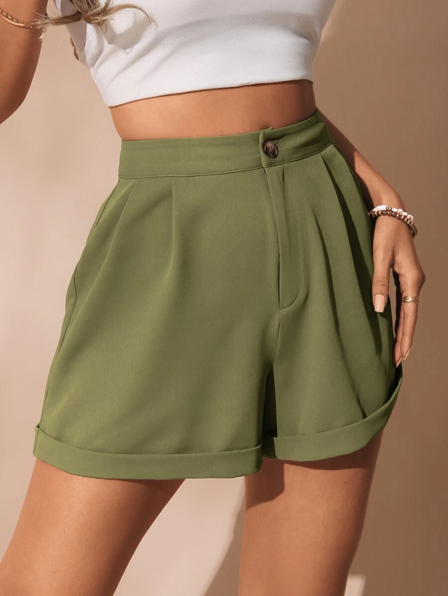 SHEIN Essnce 素色拉鏈開襟卷邊短褲 - 軍綠色 - 查看 1