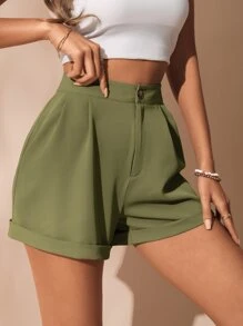 SHEIN Essnce 素色拉鏈開襟卷邊短褲 - 軍綠色 - 查看 3